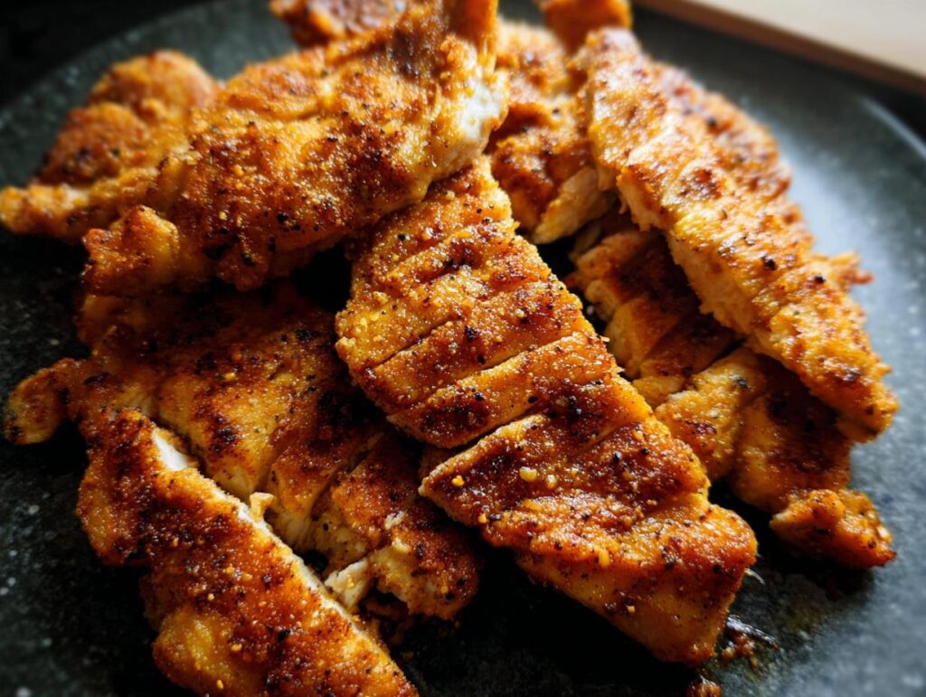 Close-up of perfectly cooked air fryer chicken pieces, seasoned and golden brown.