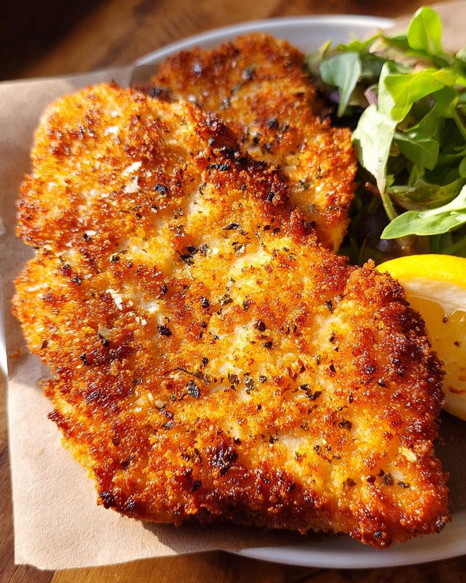 Close-up of two golden-brown, crispy air fryer chicken breasts served with a fresh green salad and a lemon wedge.