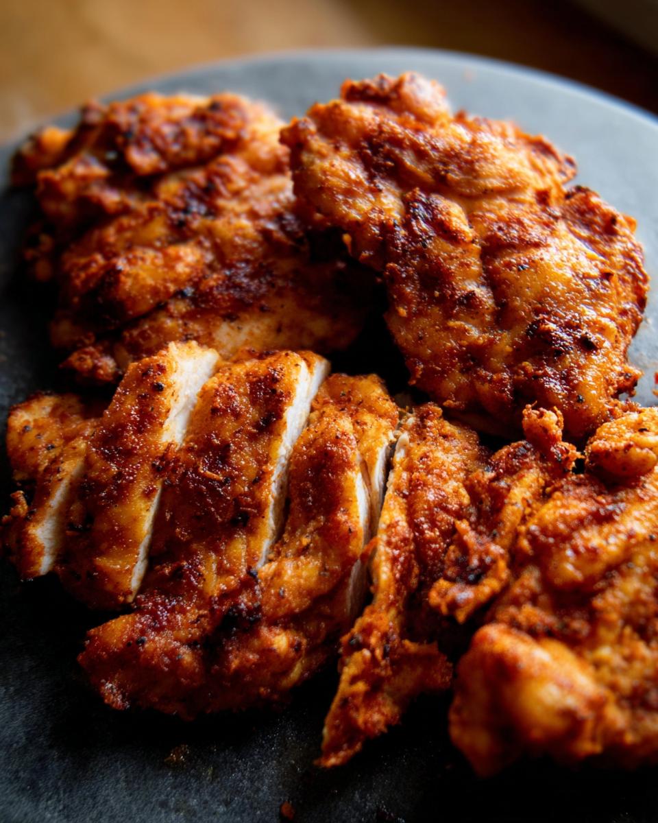 Close-up of perfectly cooked air fryer chicken, sliced to reveal juicy white meat.