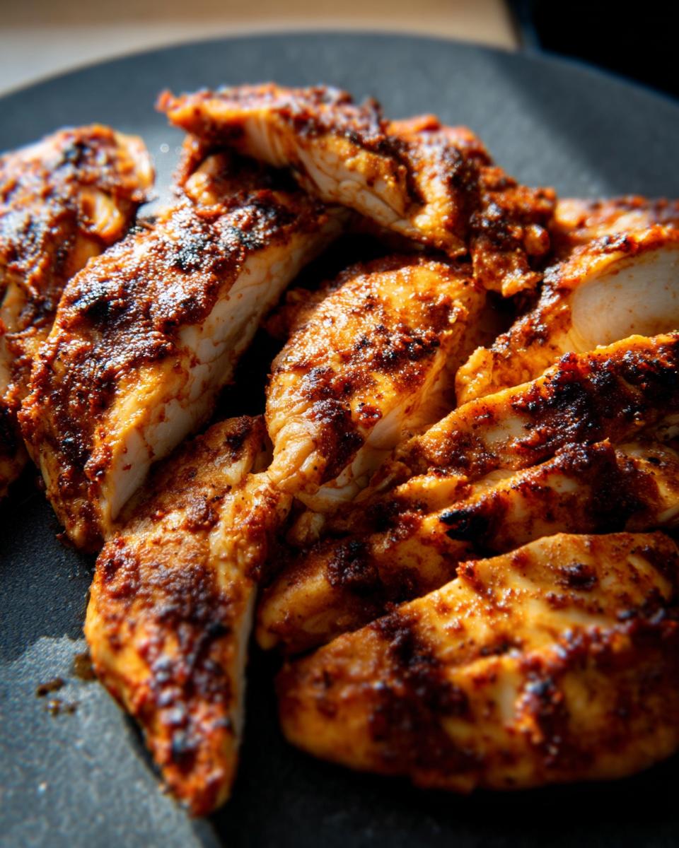 Close-up of seasoned air fryer chicken strips on a dark plate, showcasing a crispy, browned exterior.
