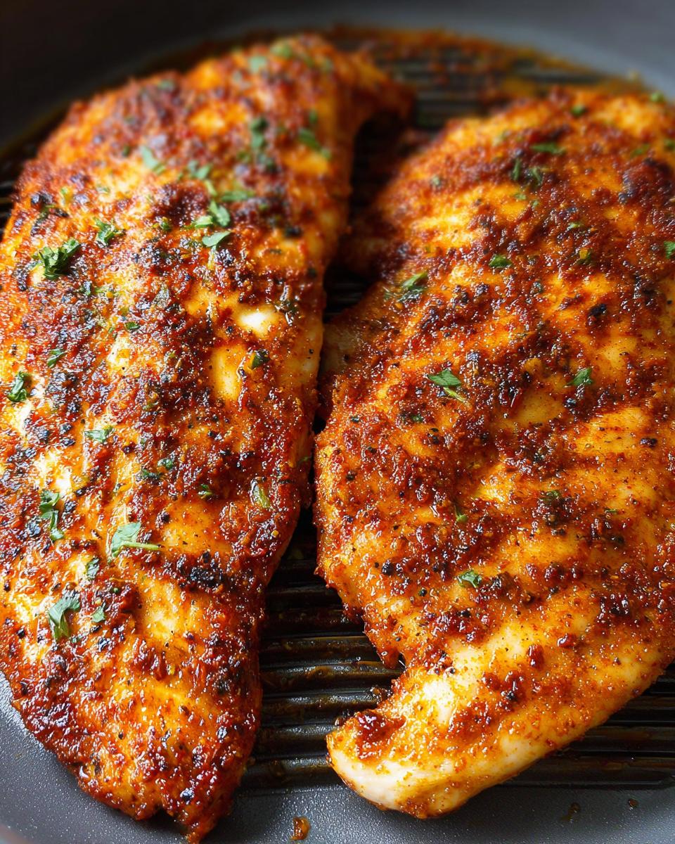 Close-up of two seasoned air fryer chicken recipes breasts, garnished with parsley, in a grill pan.