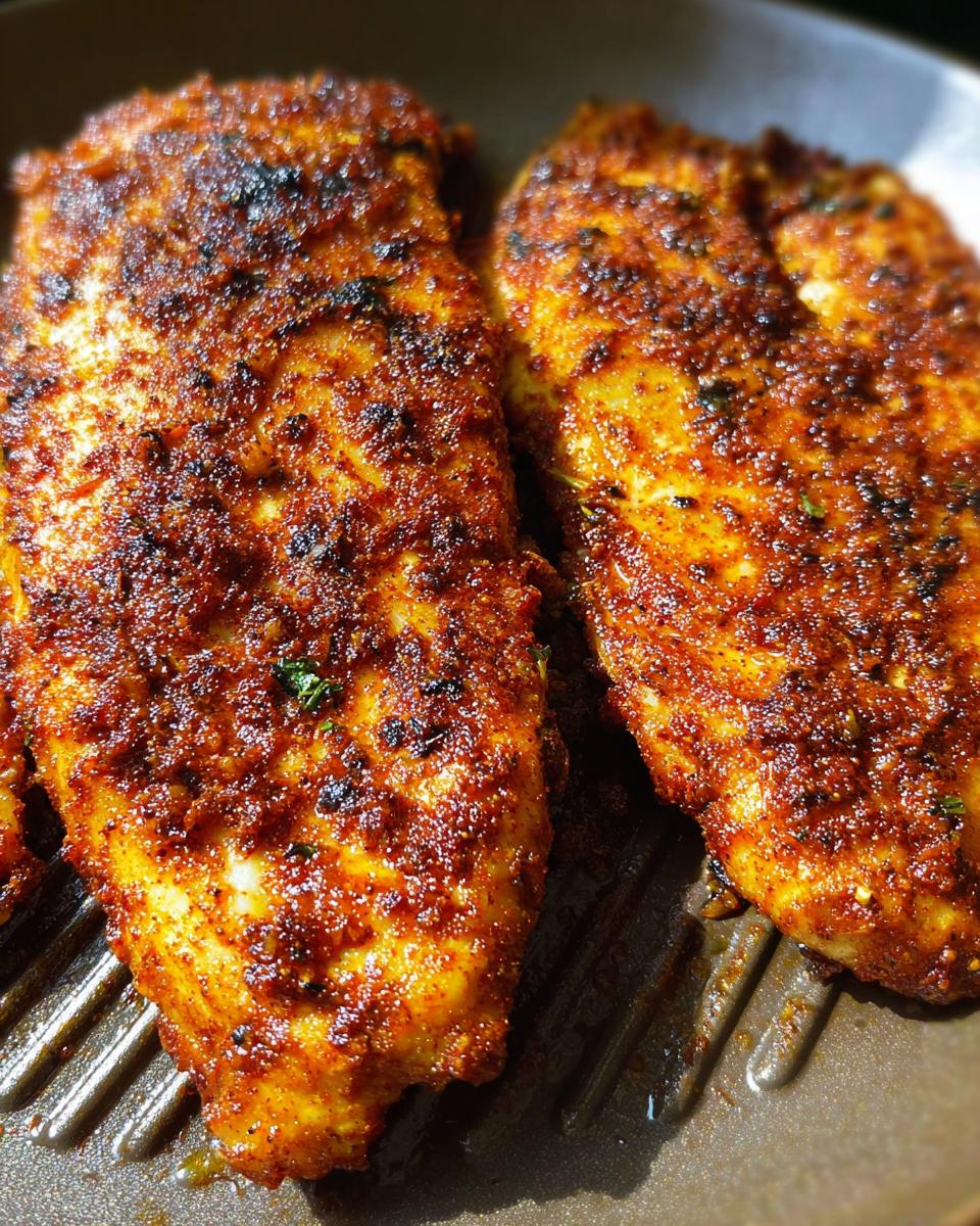 Close-up of two seasoned chicken breasts cooked in an air fryer, showcasing a flavorful spice rub.