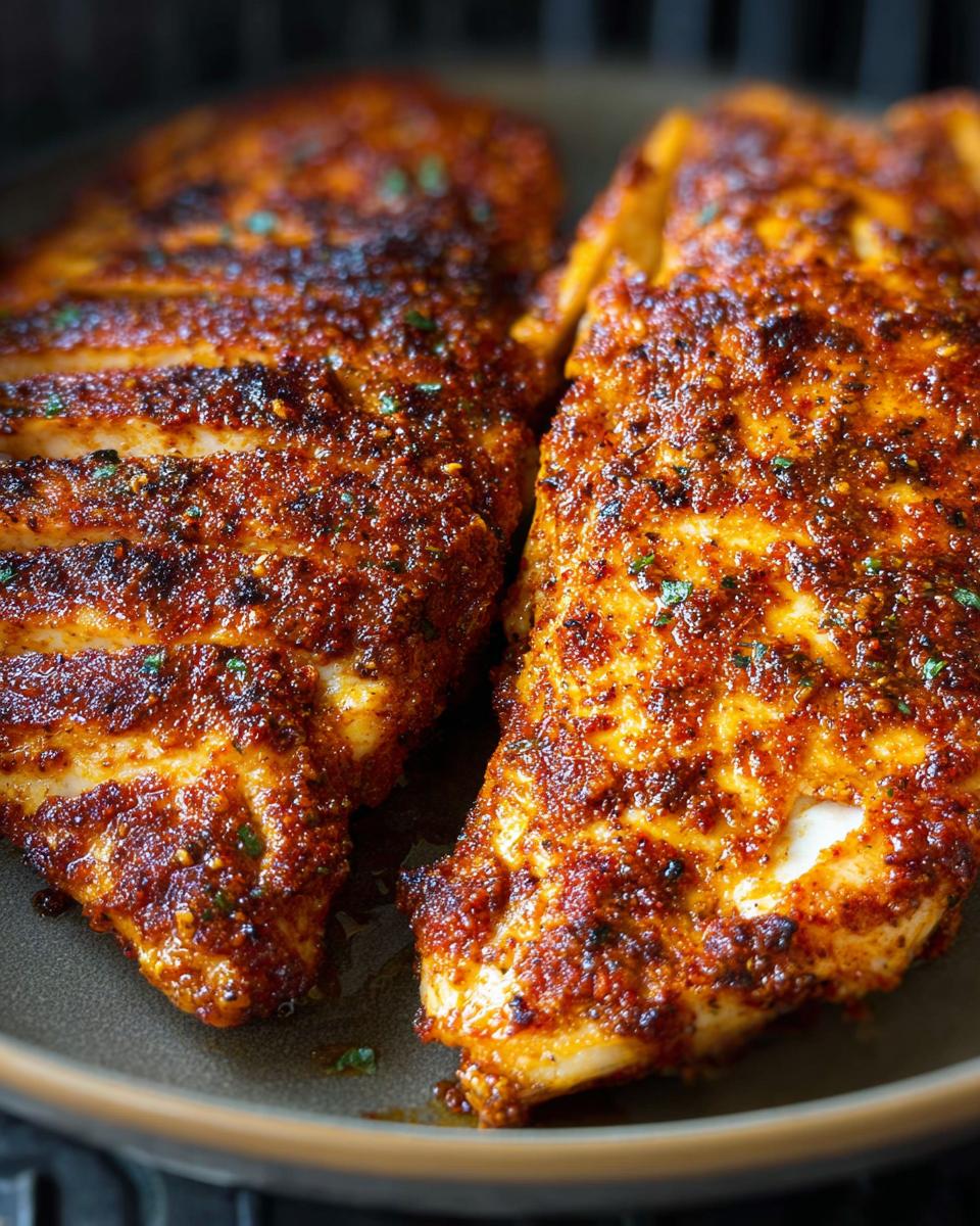Close-up of two air fryer chicken breasts seasoned with a reddish-brown spice blend and herbs.