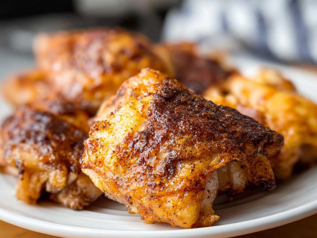 Close-up of perfectly cooked, crispy air fryer chicken thighs on a white plate.