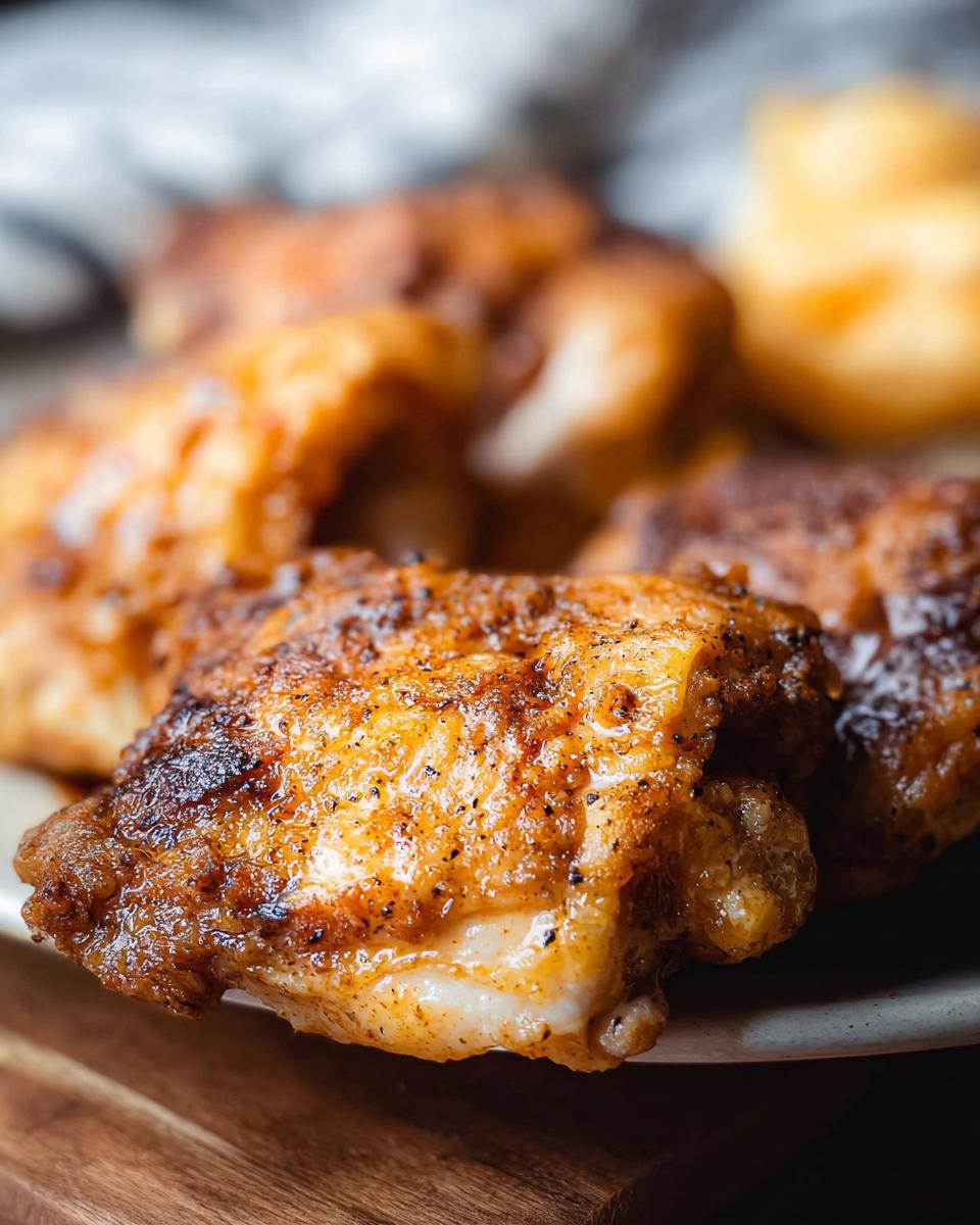 Close-up of perfectly cooked, crispy air fryer chicken thighs with a golden-brown seasoned skin.