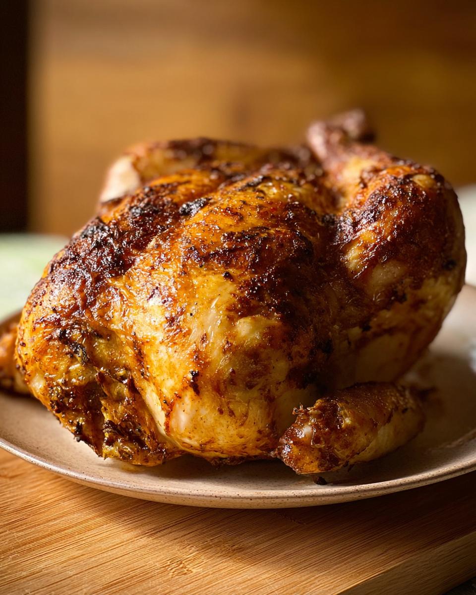 A perfectly cooked whole air fryer chicken, golden brown and juicy, resting on a plate.