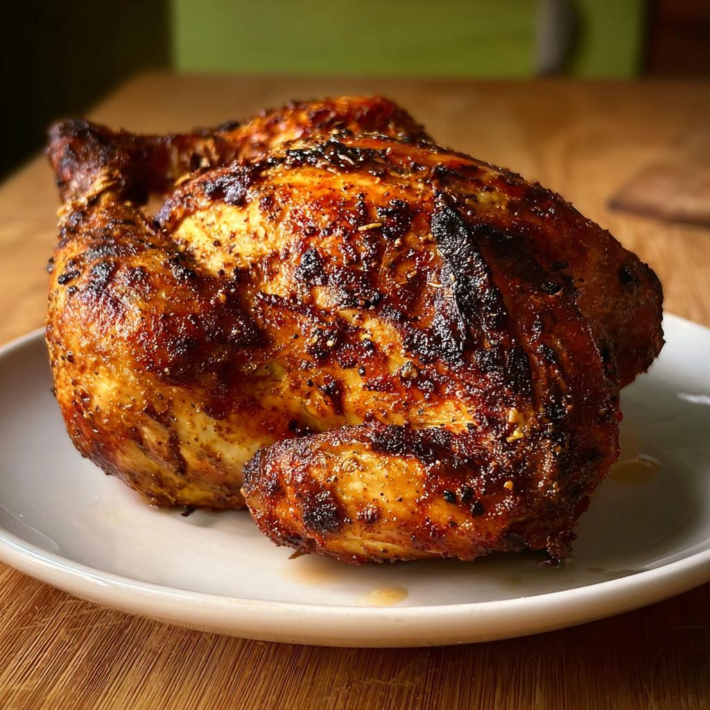 A whole, golden-brown roasted chicken sits on a white plate, seasoned with herbs and spices, ready to be served as part of air fryer chicken recipes.