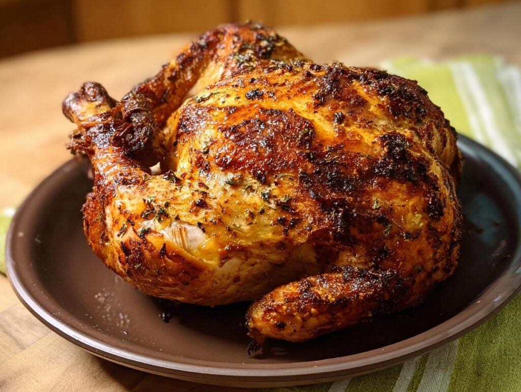 A whole, golden-brown roasted chicken cooked in an air fryer, seasoned with herbs.