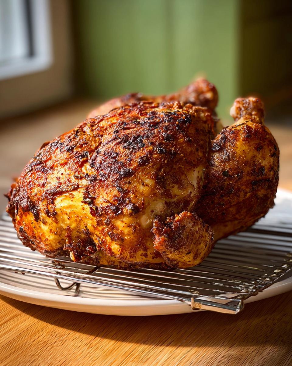 A whole, golden-brown air fryer chicken resting on a cooling rack, seasoned to perfection.