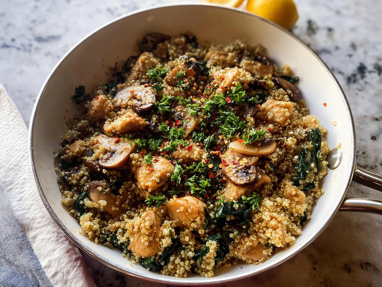 A delicious skillet dish featuring chicken, quinoa, mushrooms, and spinach, garnished with parsley and chili flakes.