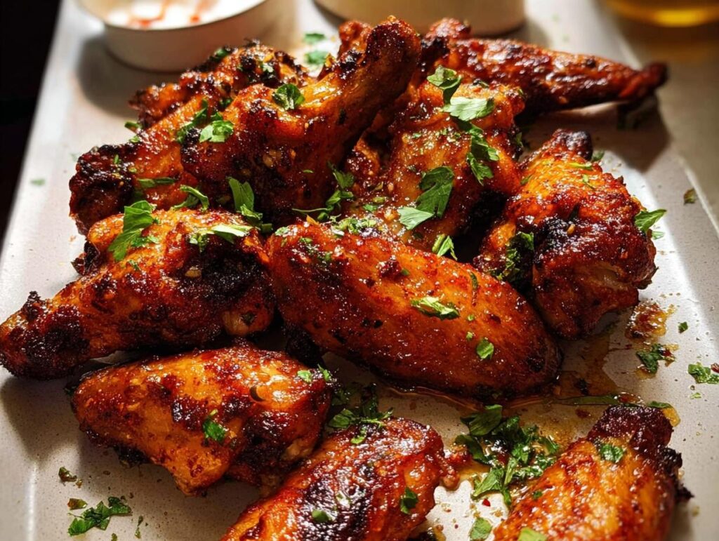 A close-up of a platter of delicious, glazed chicken wings, garnished with fresh parsley.