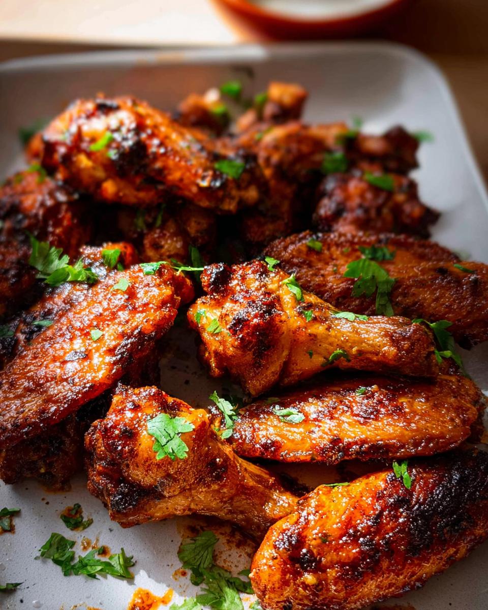 Close-up of perfectly cooked chicken wings, seasoned and garnished with fresh parsley, part of the amazing chicken wings recipe.