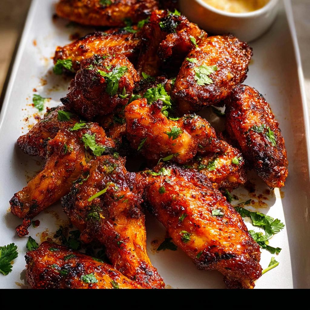 Close-up of a platter of perfectly cooked, glazed chicken wings, garnished with fresh parsley. This is the amazing chicken wings recipe you'll need.