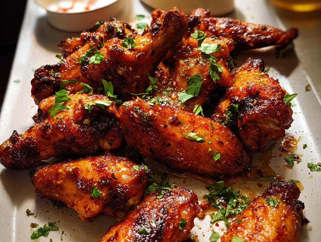 A close-up of a platter of delicious, glazed chicken wings, garnished with fresh parsley.