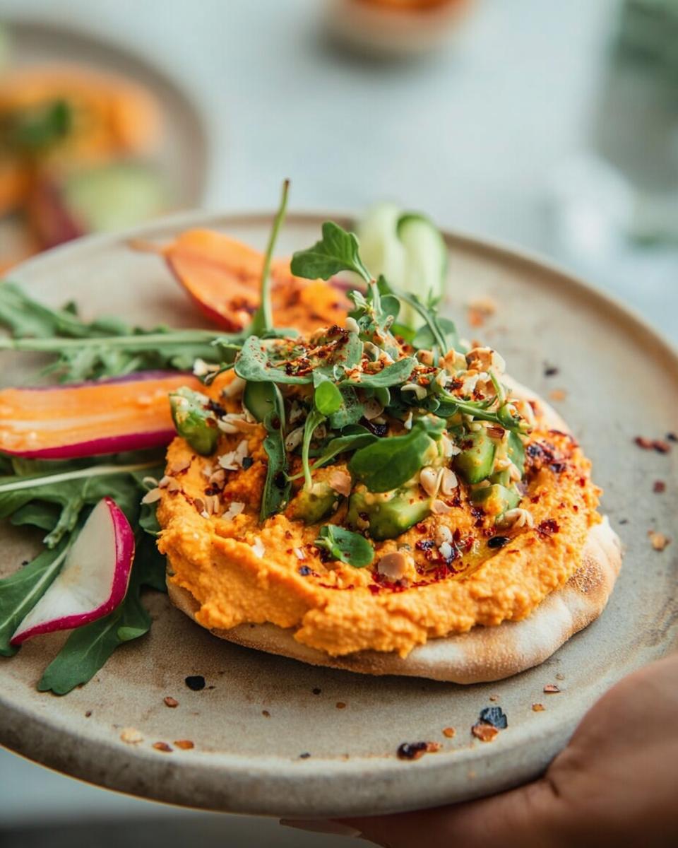A vibrant avocado hummus pita topped with fresh greens and nuts, served with sliced radishes and carrots. Perfect for easy dinner recipes.