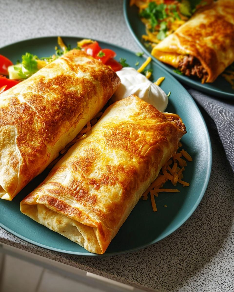 Two golden-brown baked burritos served with shredded cheese, sour cream, and chopped tomatoes, part of 20-Ingredient Easy Dinner Recipes.