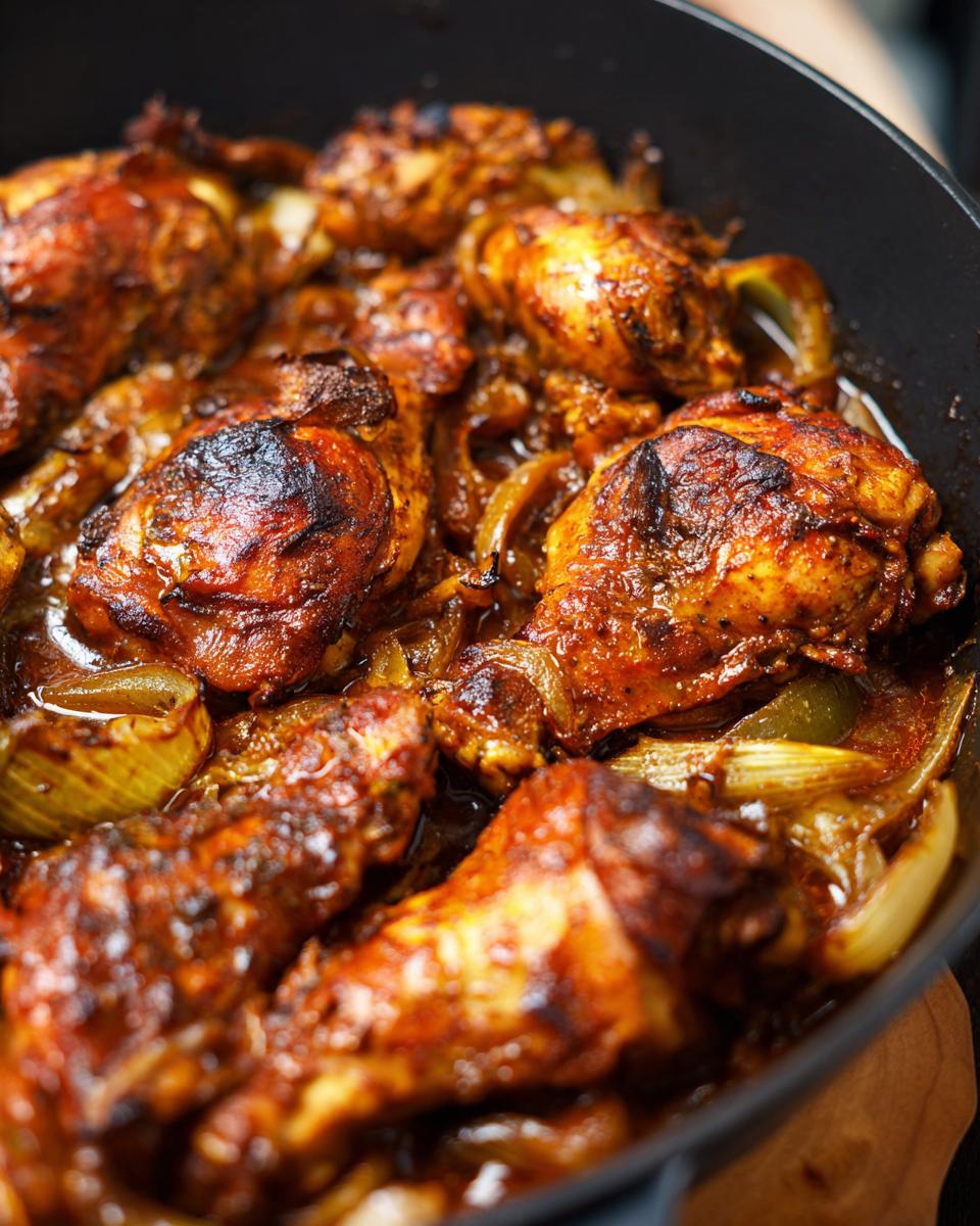 Close-up of juicy baked chicken recipes in a skillet with onions and spices.