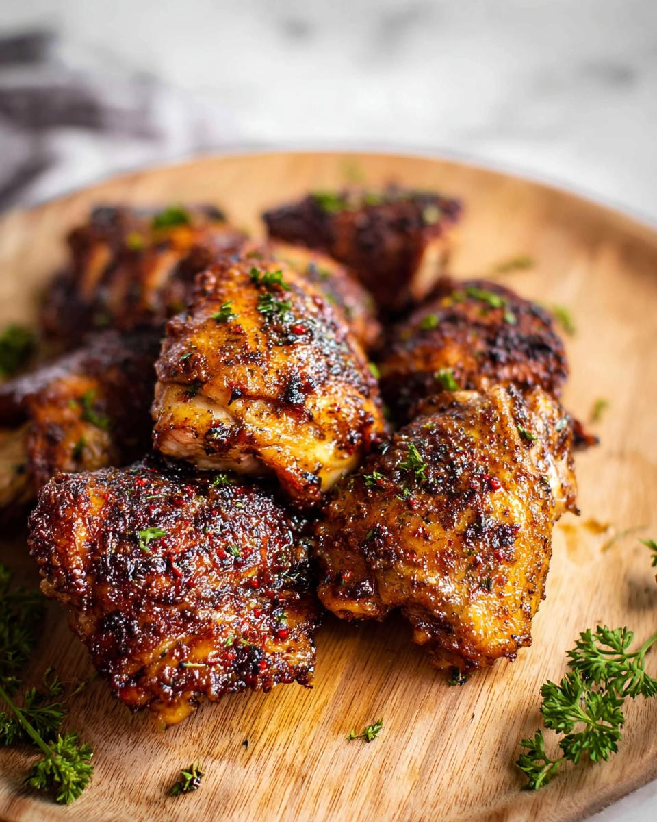 A close-up of perfectly baked chicken thigh recipes, seasoned and garnished with parsley.