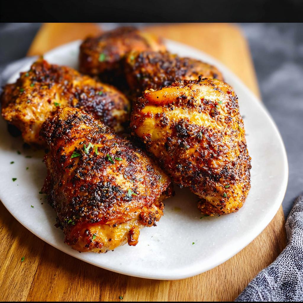 A plate of perfectly baked chicken thigh recipes, seasoned and garnished with parsley.