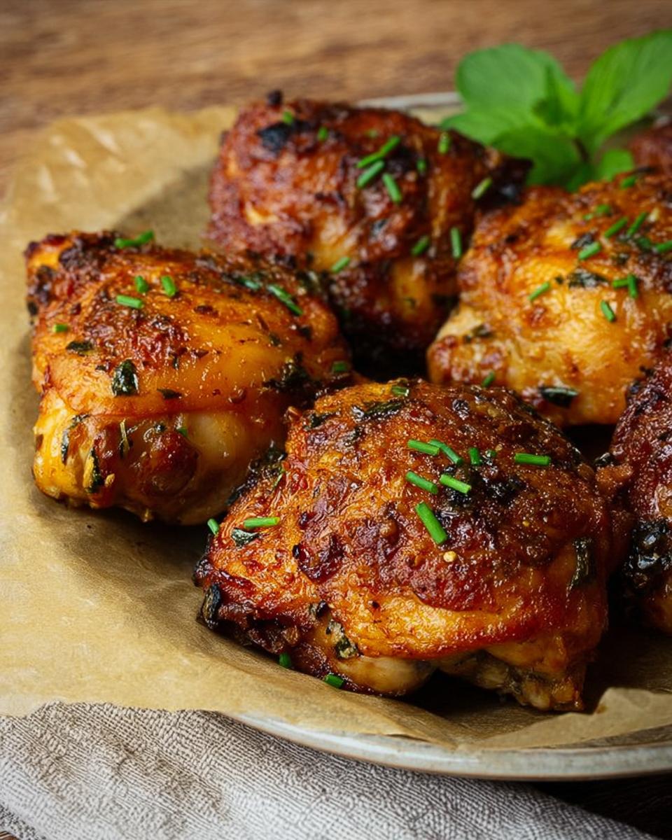 Close-up of perfectly baked chicken thighs, seasoned and garnished with chives. A delicious option for chicken thigh recipes.