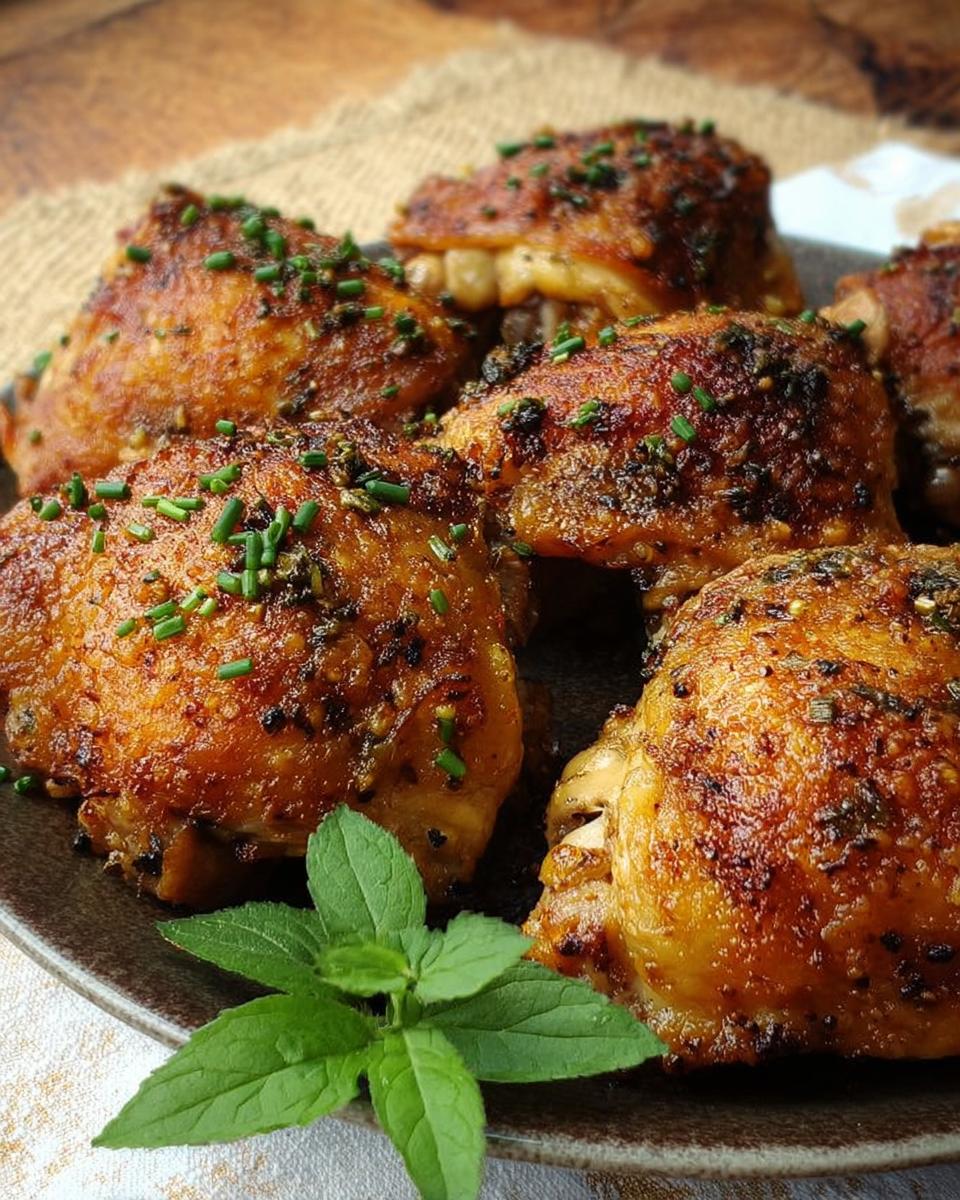 Close-up of crispy baked chicken thighs, seasoned with herbs and chives, a perfect chicken thigh recipe.