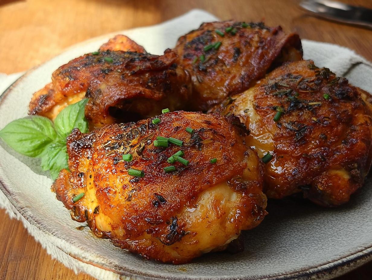A plate of perfectly baked chicken thighs, seasoned with herbs and chives, a delicious chicken thigh recipe.