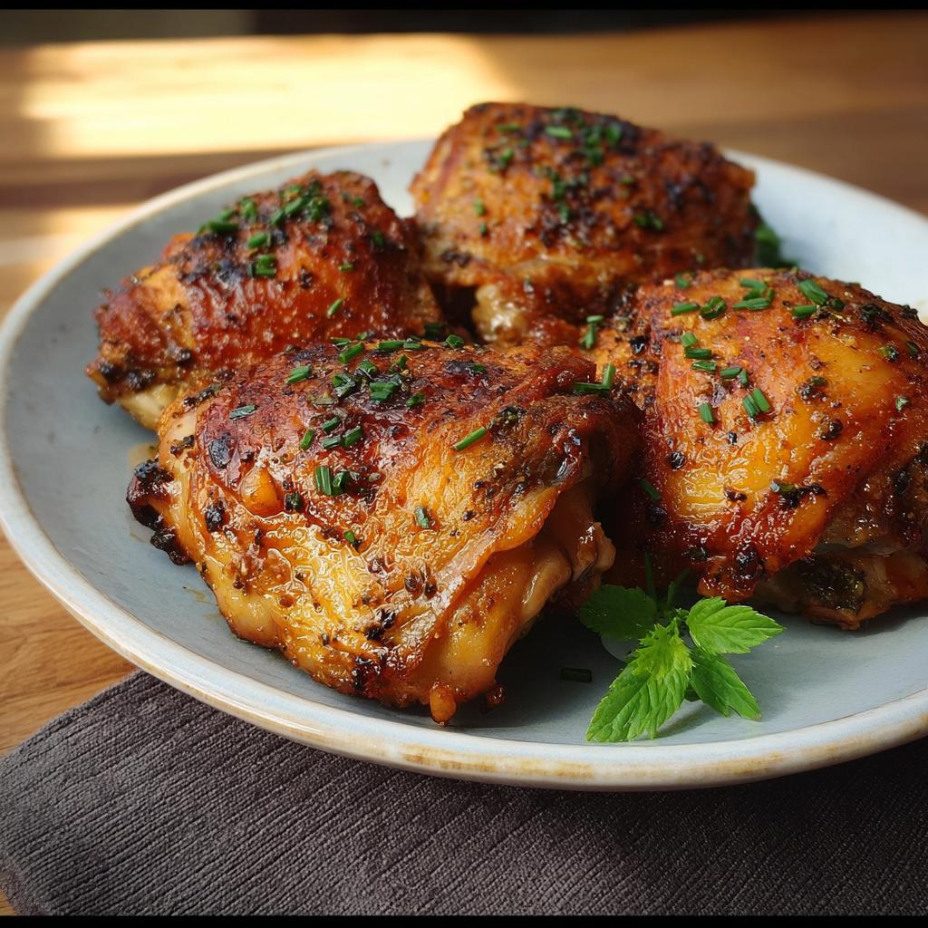 A plate of four perfectly baked chicken thighs, seasoned and garnished with fresh chives. A delicious chicken thigh recipe.
