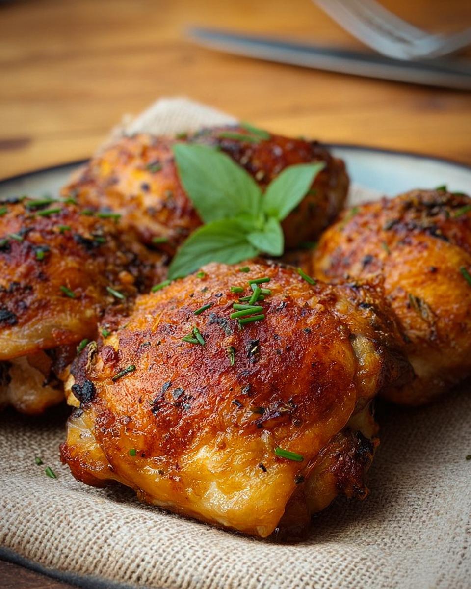 Close-up of perfectly baked chicken thighs, seasoned and garnished with fresh herbs, a delicious chicken thigh recipe.