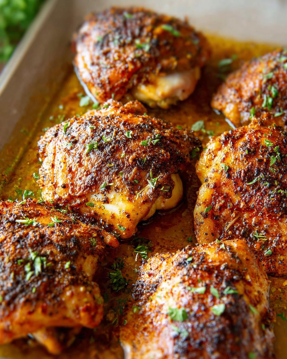 Close-up of perfectly baked chicken thighs seasoned with spices and herbs on a baking sheet.