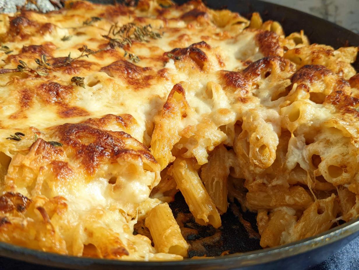 Close-up of a bubbling baked pasta dish with golden-brown cheese topping and fresh herbs.