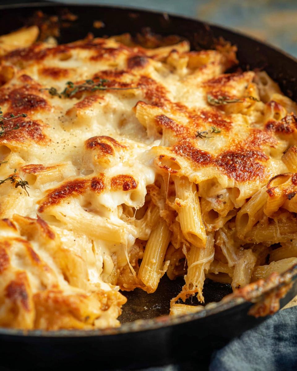 Close-up of a baked pasta dish with melted cheese and herbs, a perfect pasta recipe.