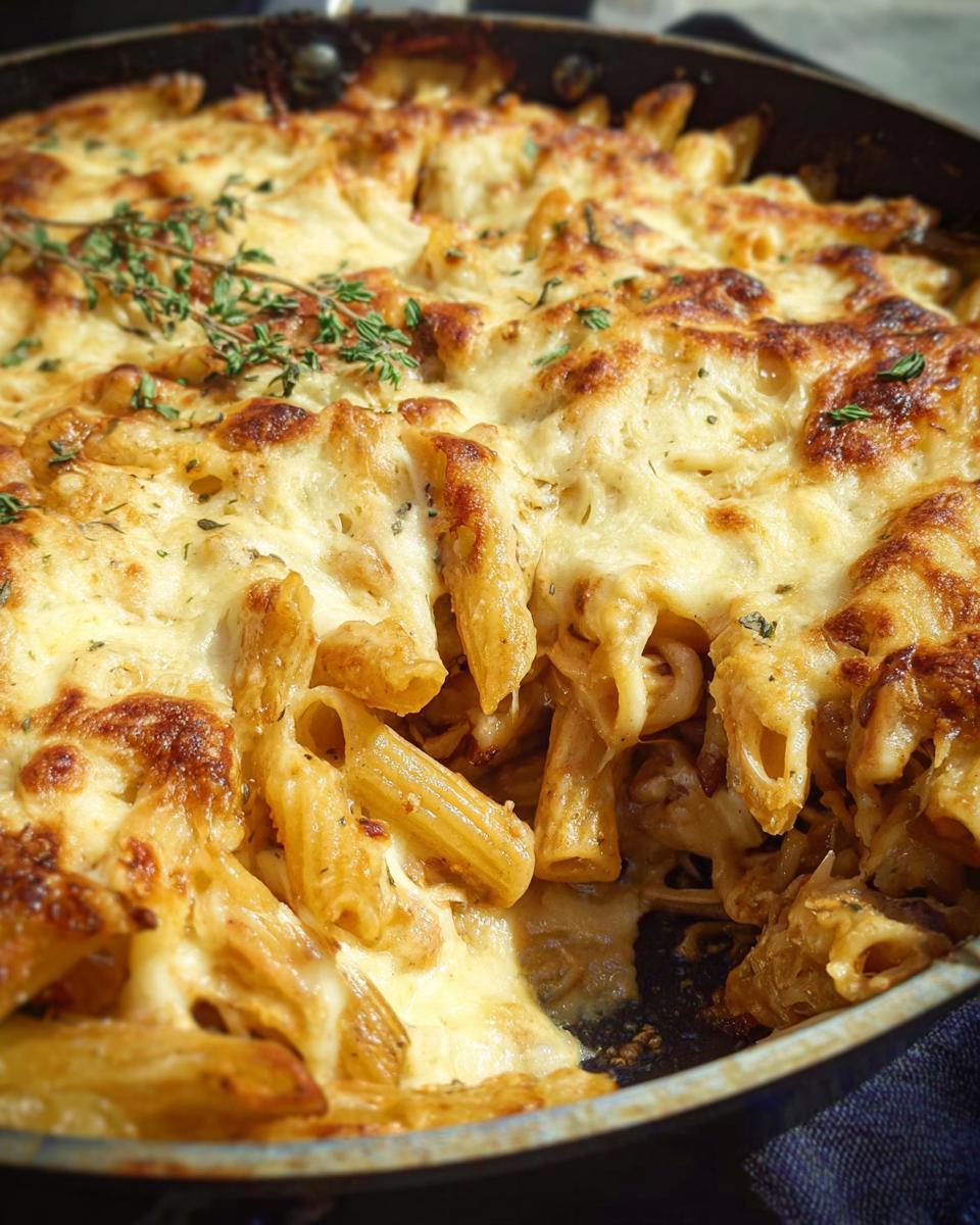 Close-up of a golden-brown baked penne pasta bake with melted cheese and herbs.