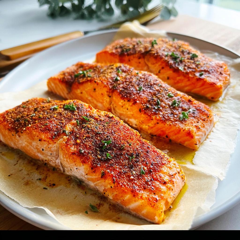 Three perfectly baked salmon fillets seasoned with spices and herbs, ready to be served as part of The Ultimate Salmon Recipes Guide for Beginners.
