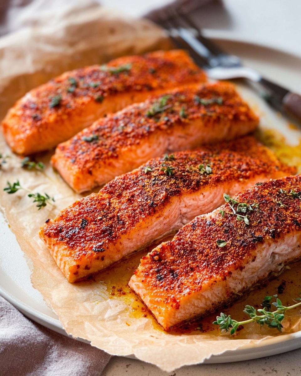 Four perfectly baked salmon fillets seasoned with spices and fresh herbs, ready to be served.