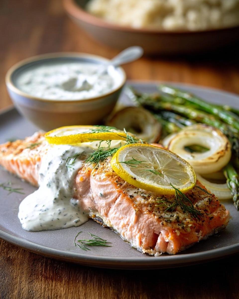 A perfectly baked salmon fillet topped with lemon slices and dill, served with asparagus and a creamy sauce.