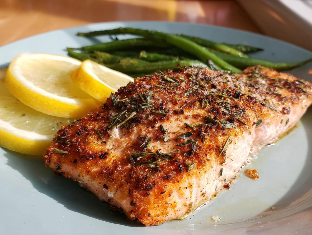 A perfectly baked salmon fillet seasoned with herbs and spices, served with lemon slices and green beans.