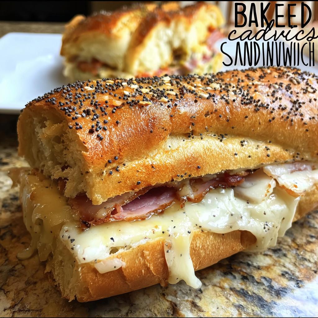 Close-up of a baked sandwich with melted cheese, ham, and poppy seeds on a baguette.