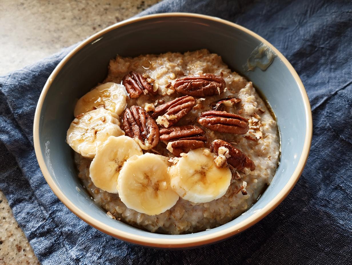 A bowl of oatmeal topped with banana slices, pecans, and a drizzle of honey, perfect for busy weeknight breakfasts.