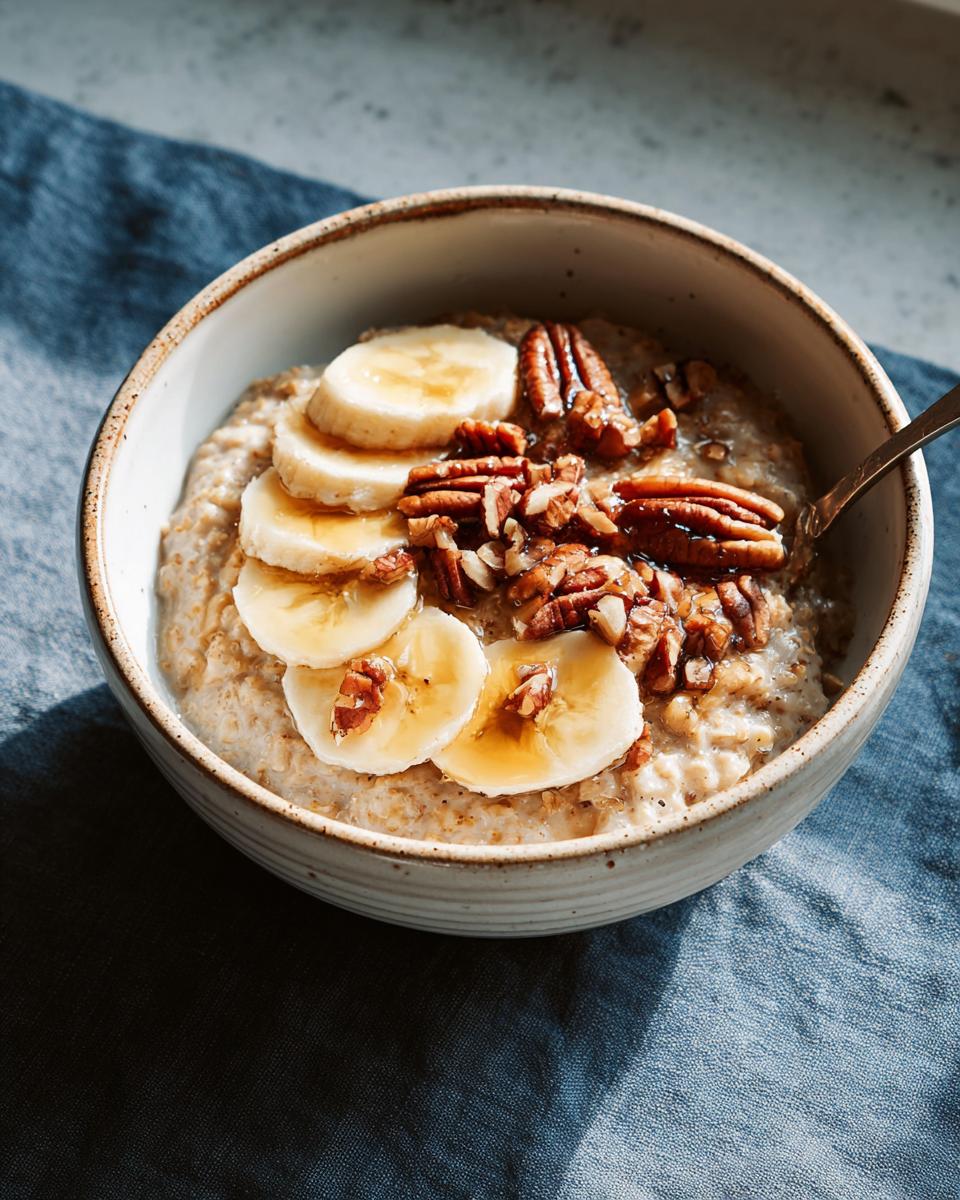 A bowl of oatmeal topped with banana slices, pecans, and syrup, perfect for breakfast ideas for busy weeknights.