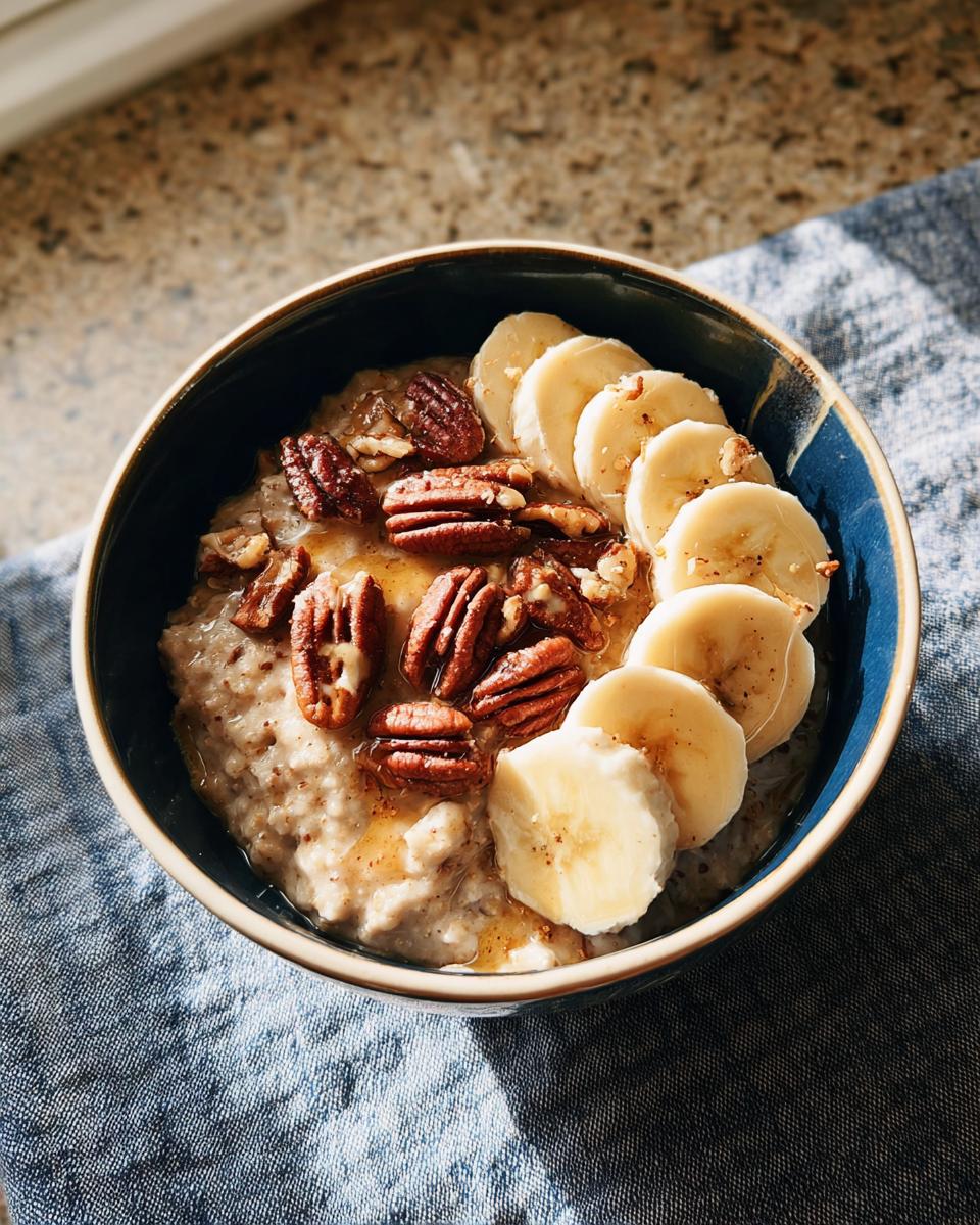 A bowl of oatmeal topped with banana slices, pecans, and a drizzle of honey, perfect for busy weeknight breakfast ideas.