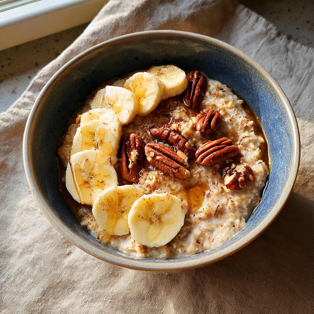 A bowl of hearty oatmeal topped with sliced bananas, pecans, and drizzled with honey, perfect for breakfast ideas for busy weeknights.