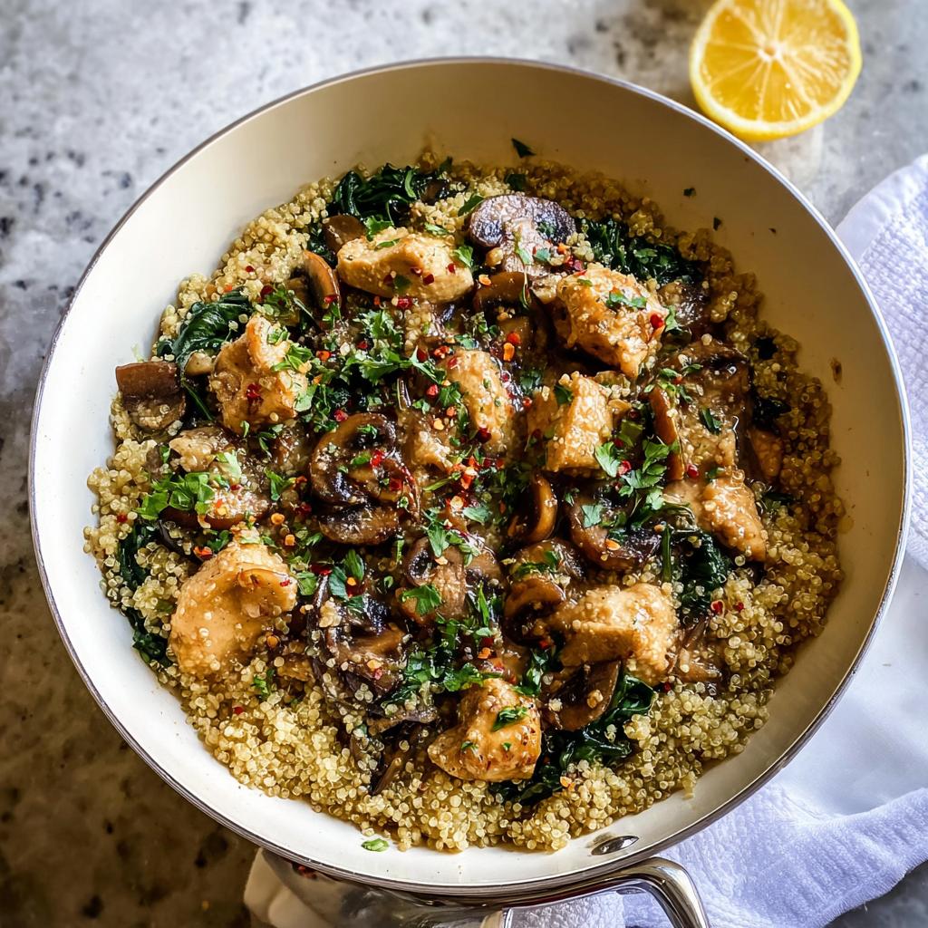 A beginner-friendly chicken recipe featuring tender chicken pieces, mushrooms, and spinach served over quinoa in a pan.