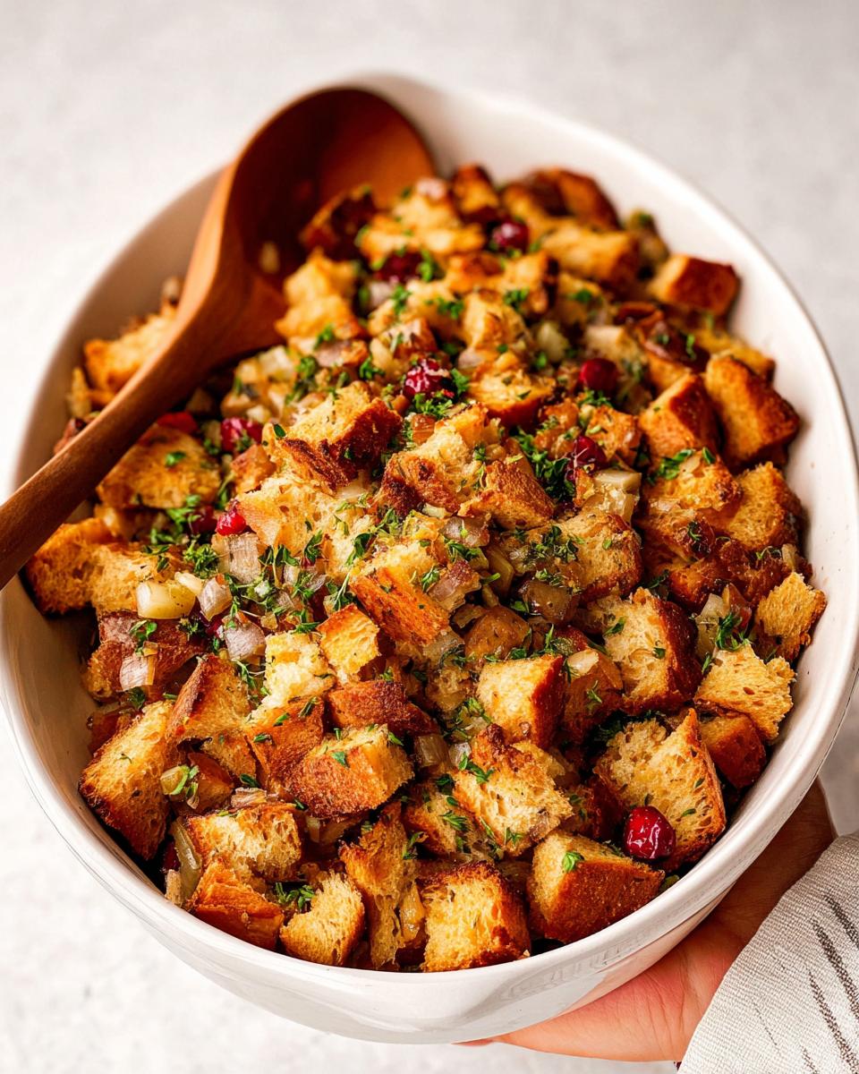 A close-up of a white oval dish filled with golden-brown bread cubes, cranberries, and fresh herbs, a wooden spoon rests inside.