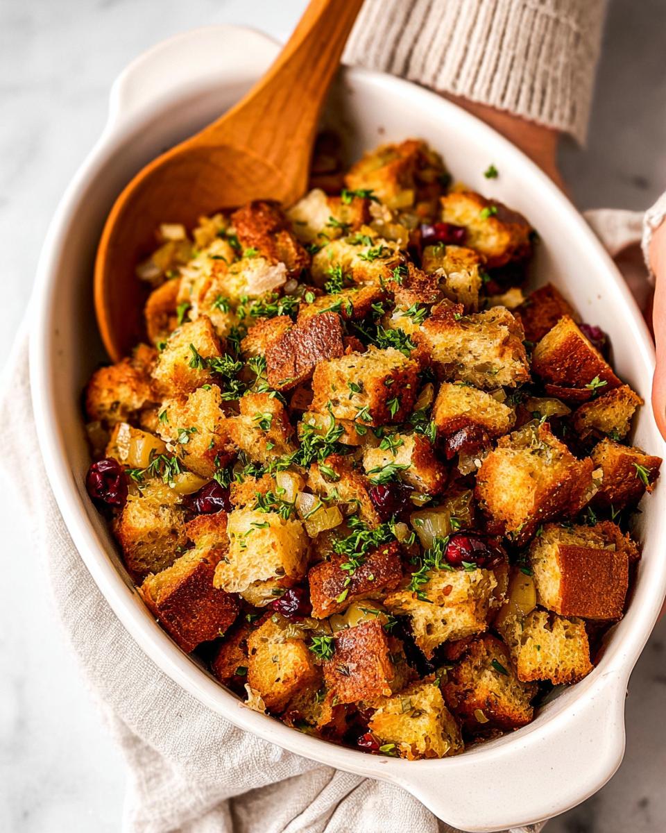 A close-up shot of a white baking dish filled with golden-brown stuffing, featuring chunks of bread, cranberries, and fresh parsley.