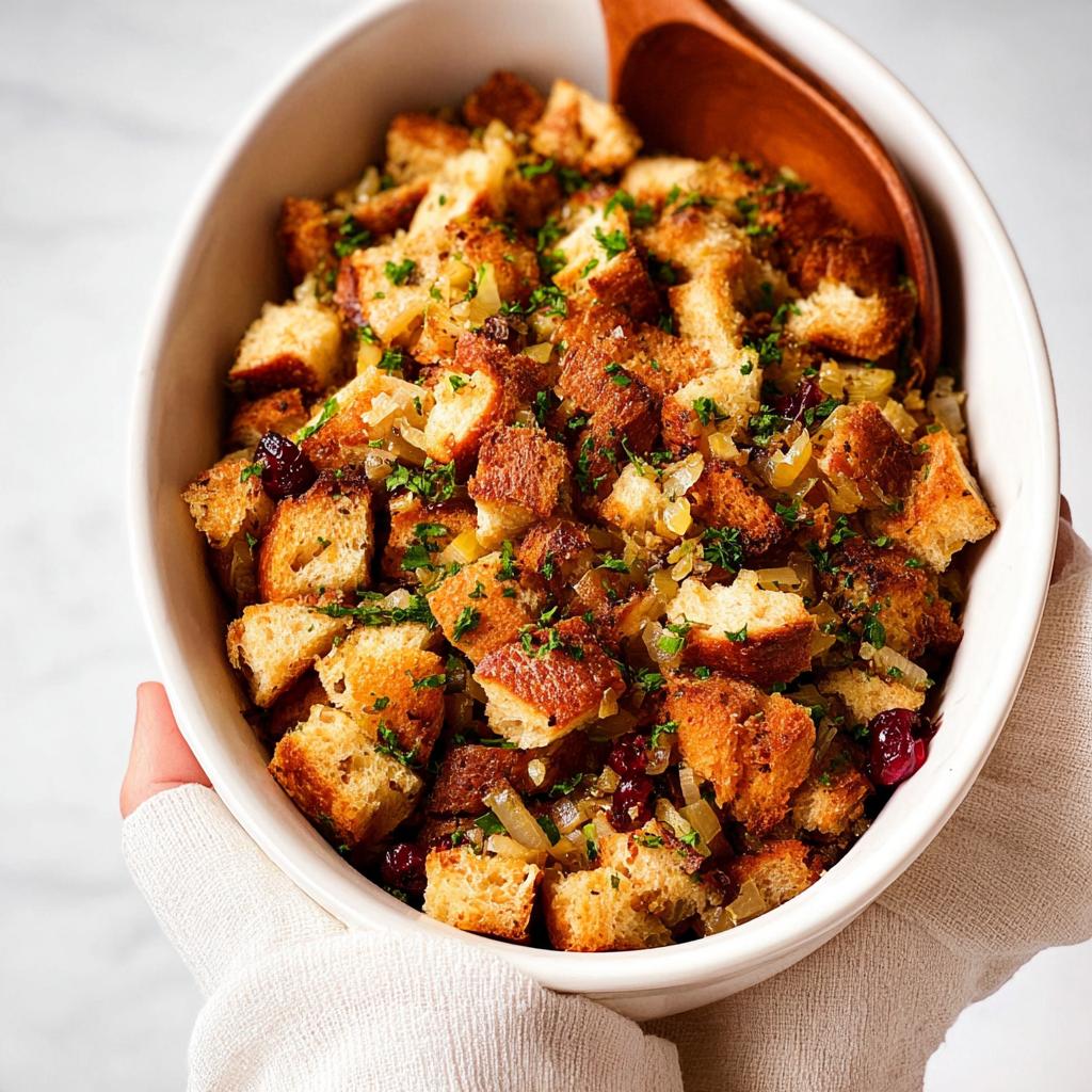 A close-up of a white oval baking dish filled with golden-brown bread cubes, onions, cranberries, and fresh parsley, a wooden spoon rests inside.