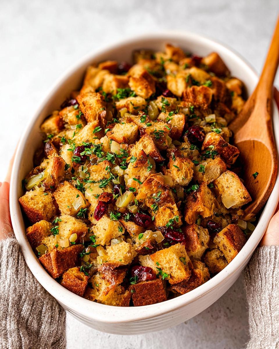 A close-up of a white oval baking dish filled with golden brown stuffing, featuring cubes of bread, cranberries, and fresh parsley.