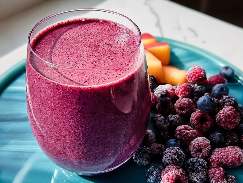 A vibrant berry smoothie in a glass, served with a side of fresh berries and peach slices, perfect for breakfast ideas recipes.