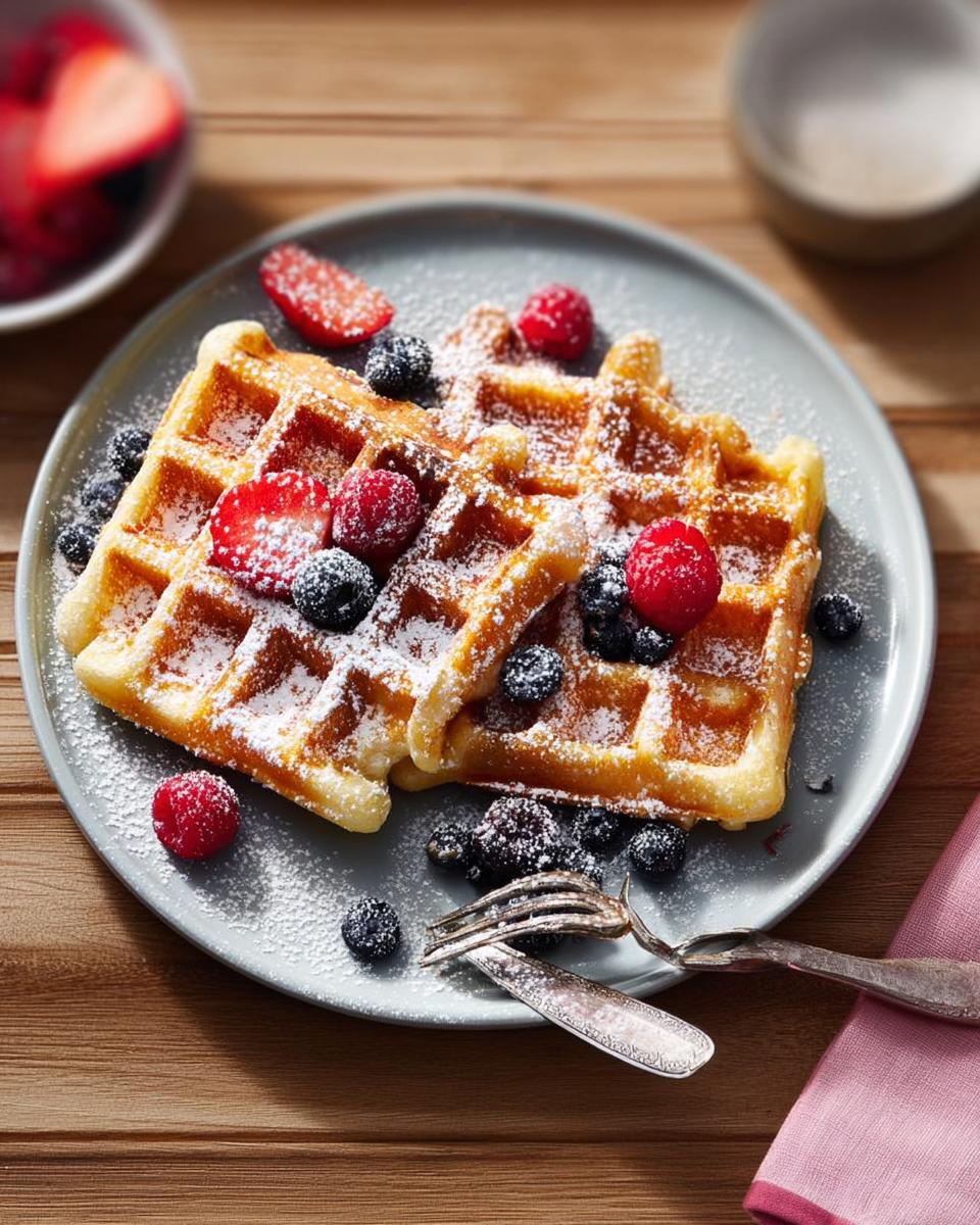 Two golden waffles topped with fresh strawberries, blueberries, and raspberries, dusted with powdered sugar. A perfect breakfast idea.