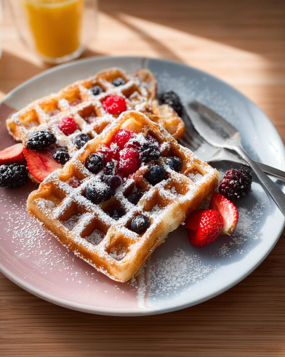 Two golden waffles topped with fresh berries and powdered sugar, perfect for breakfast ideas recipes.