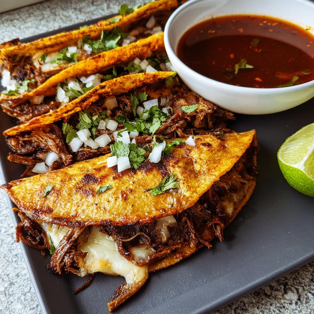 Close-up of three delicious birria tacos, stuffed with shredded meat and cheese, served with dipping consommé and a lime wedge for Taco Tuesday.